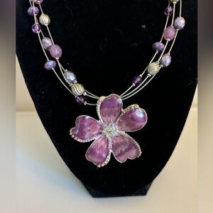 Vintage Floral Enamel Necklace, Purple, Silver, Rhinestones, 16” Length
